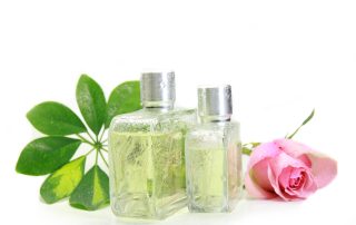 two perfume bottles on a white background next to green tea leave and a pink rose