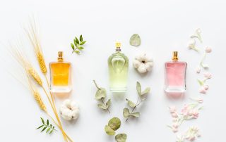 three different perfume bottles on a white background