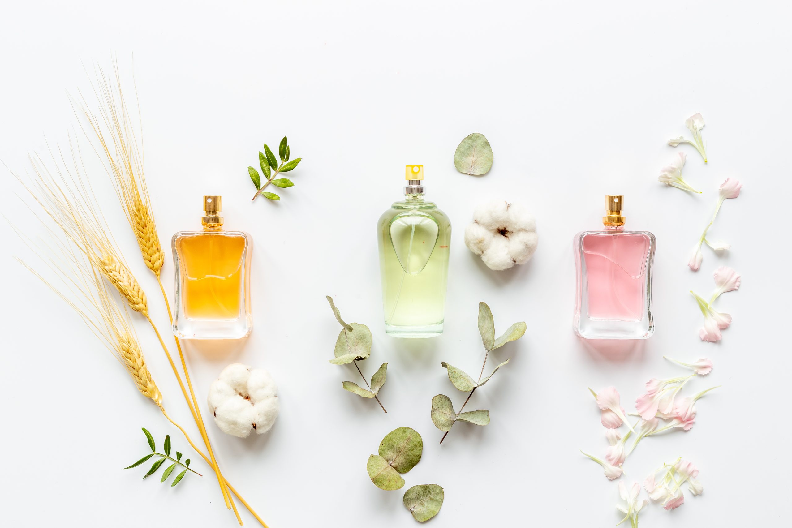 three different perfume bottles on a white background