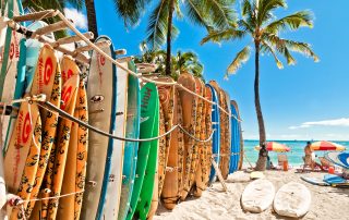 Surfboards in the rack at Waikiki Beach
