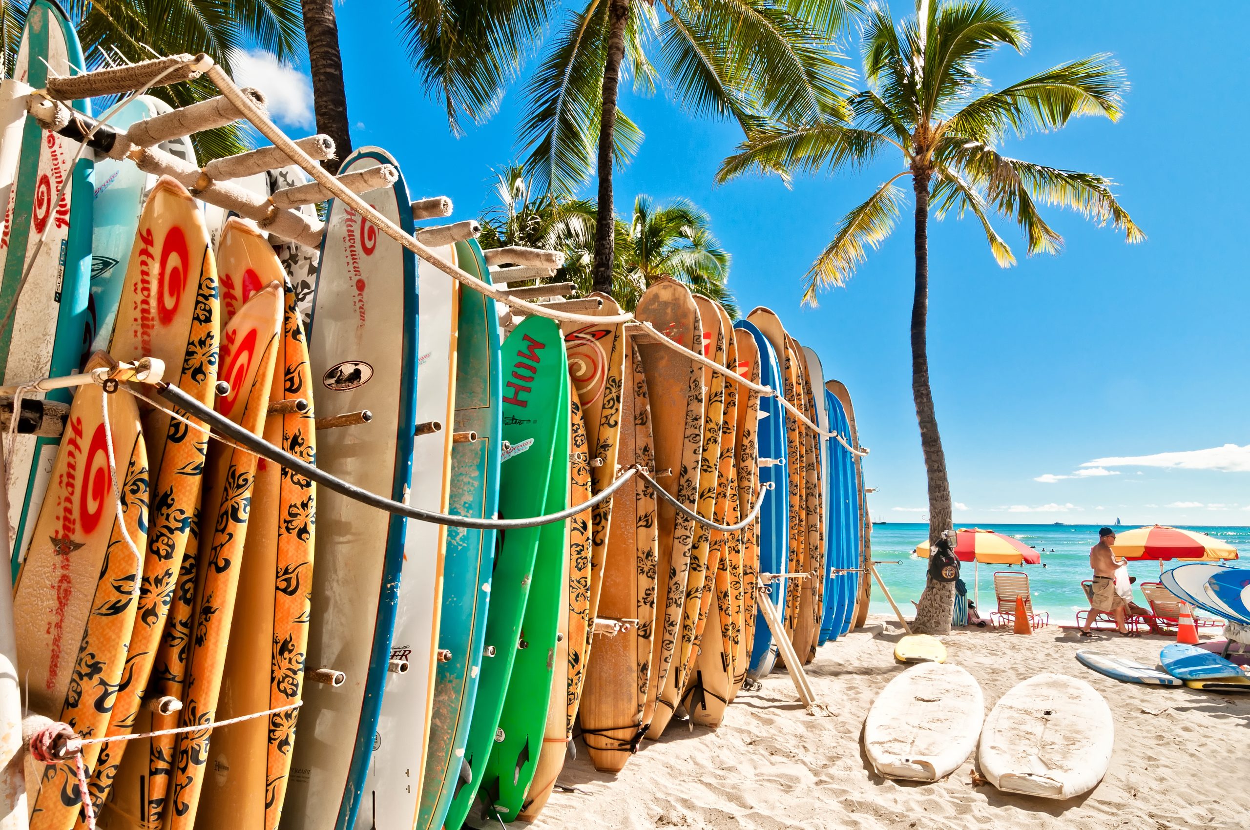 Surfboards in the rack at Waikiki Beach